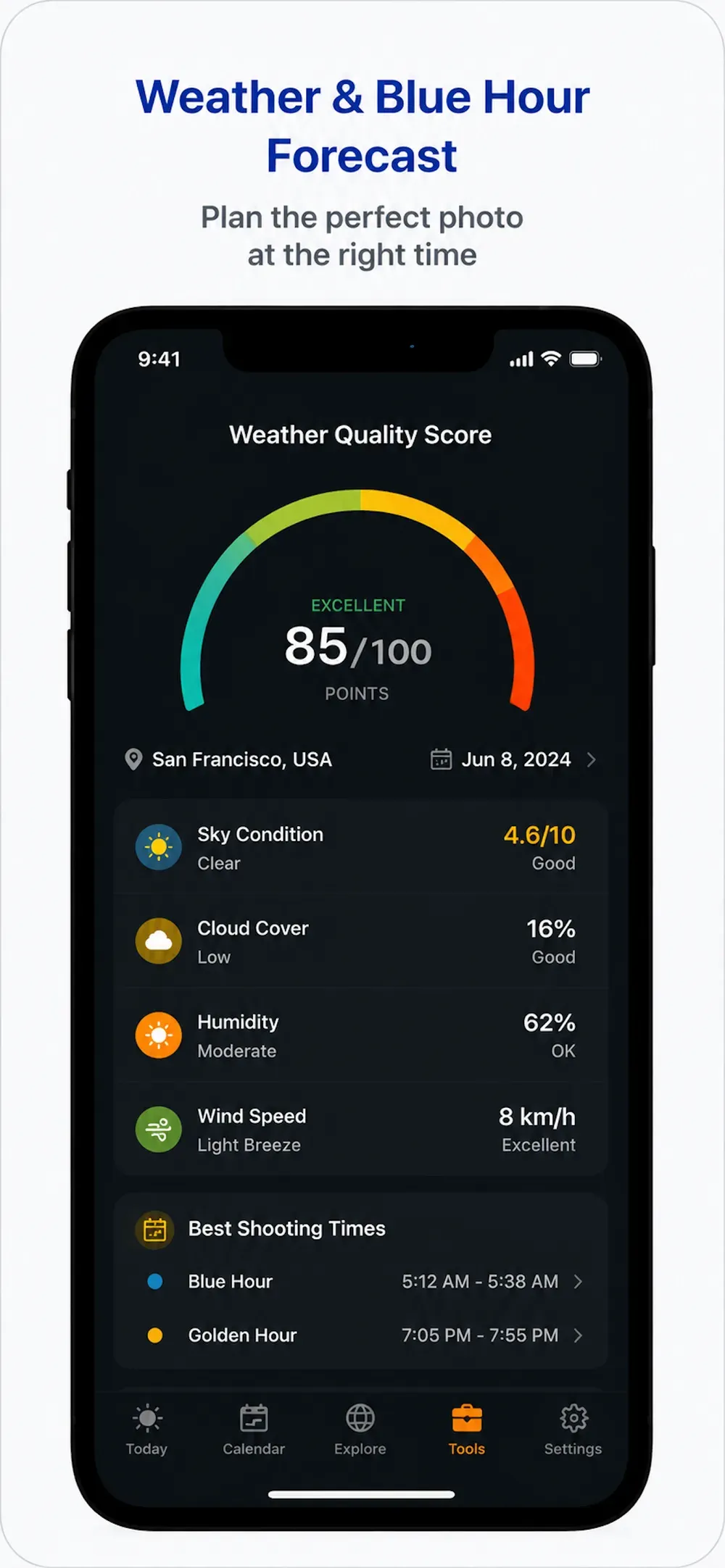 Weather & Blue Hour Forecast — daily quality score
